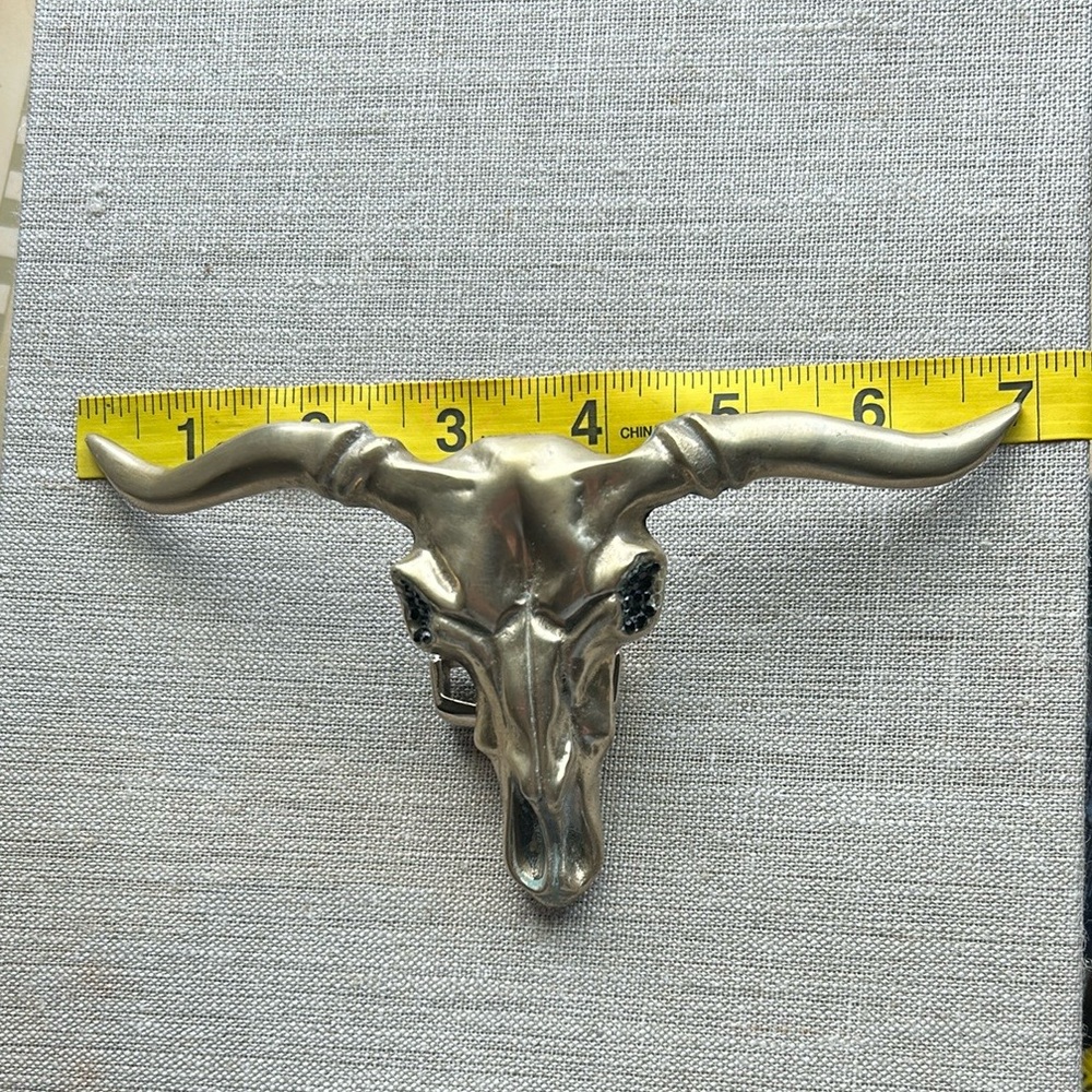 Vintage Longhorn Bull Skull Brass Belt Buckle Black Crystal Eyes - Picture 10 of 13